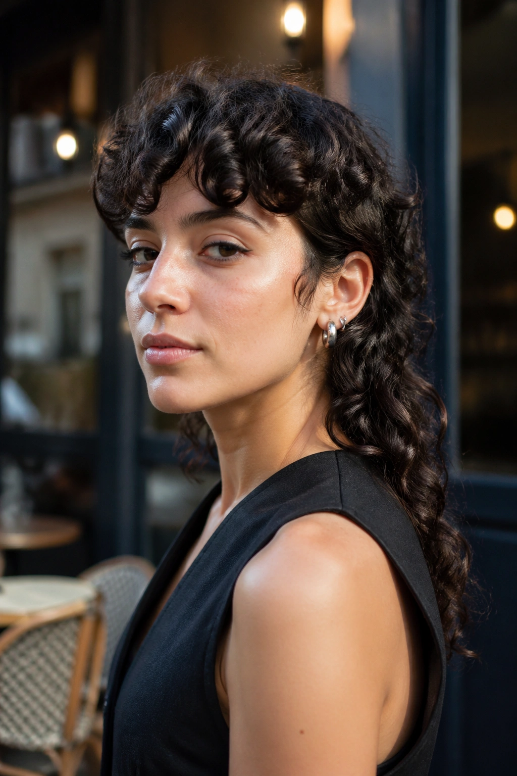 Medium close-up of a real person with a curly mullet hairstyle