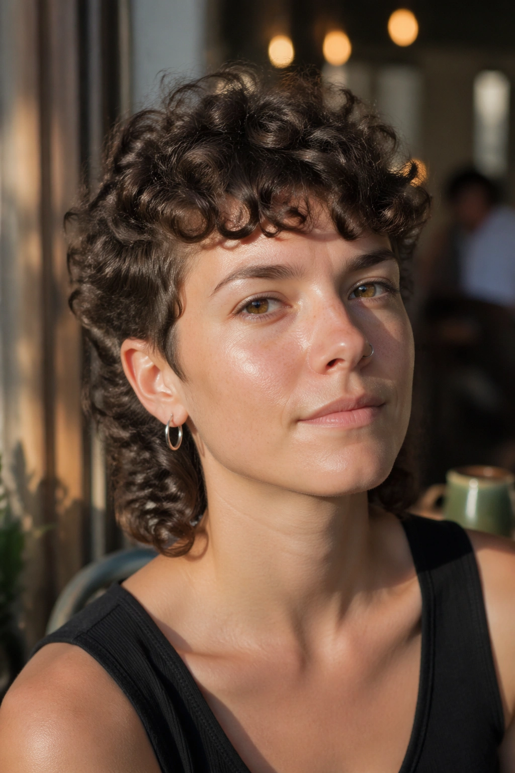 Close-up of a real person with curly mullet lite and shorter sides in sunlit setting