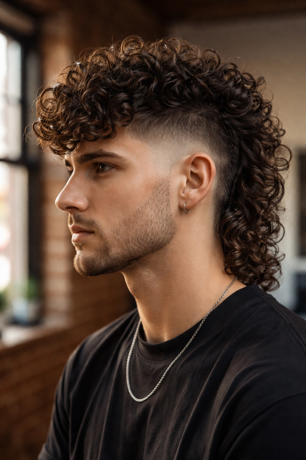 Portrait of a person with high-contrast curly mullet and skin fade.