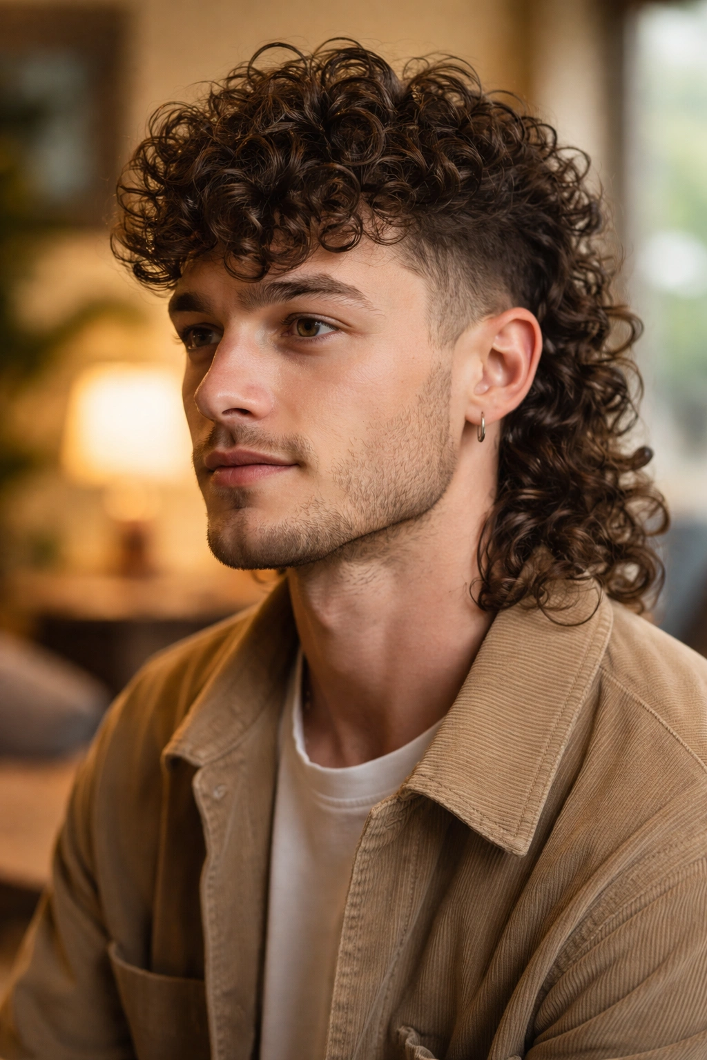 Portrait of a person with curly mullet and tapered sides.
