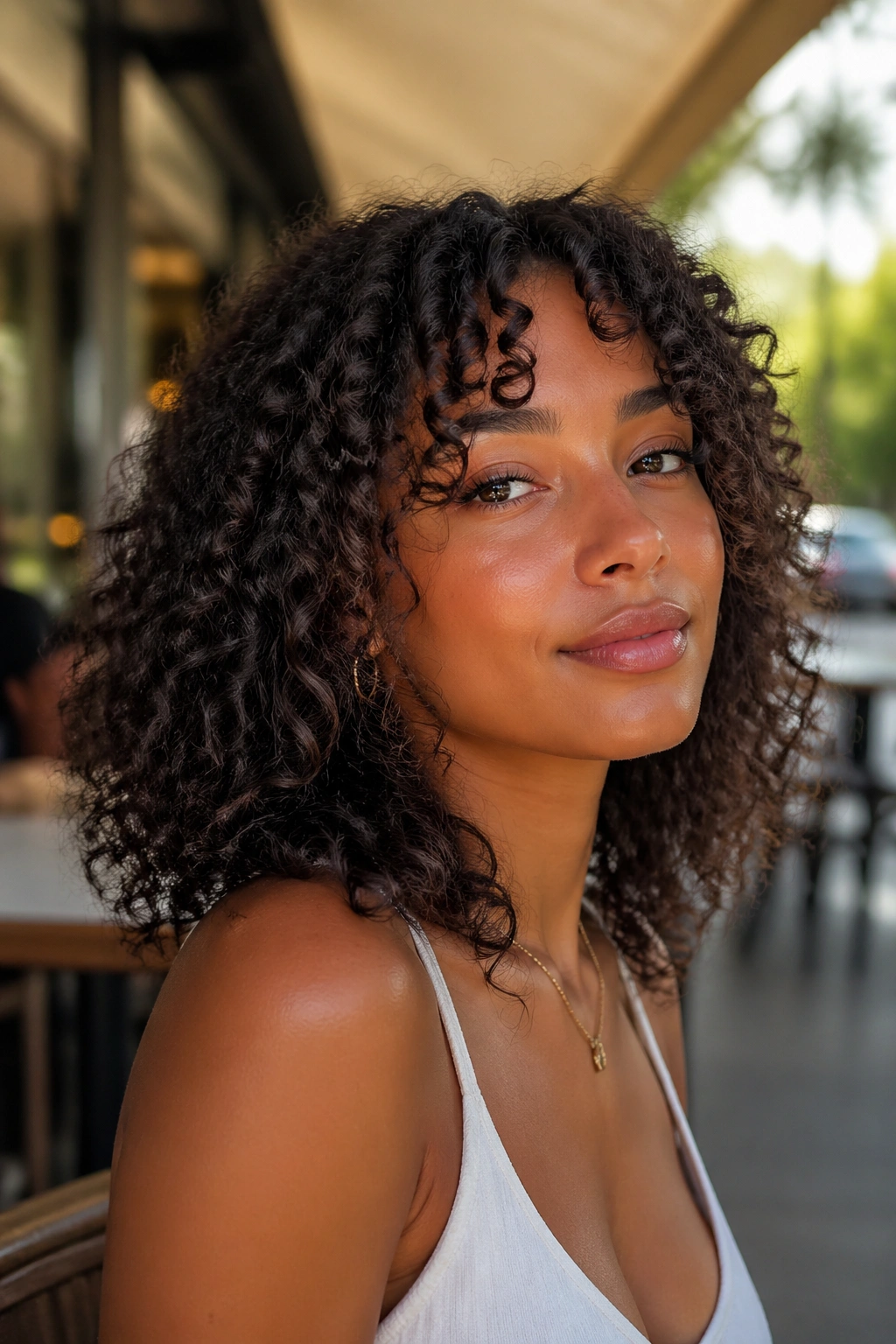 Portrait of a person with curtain bangs and curly hair in a sunlit outdoor setting