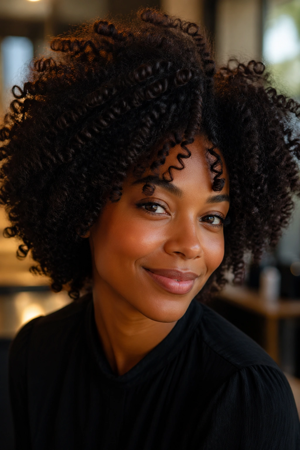 Close-up portrait of a real woman with curly natural hair in warm salon light