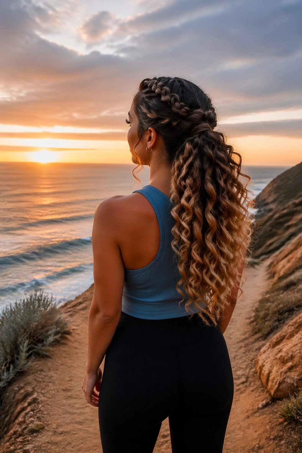 Hero shot of curly ombre braided ponytail outdoors at sunset.