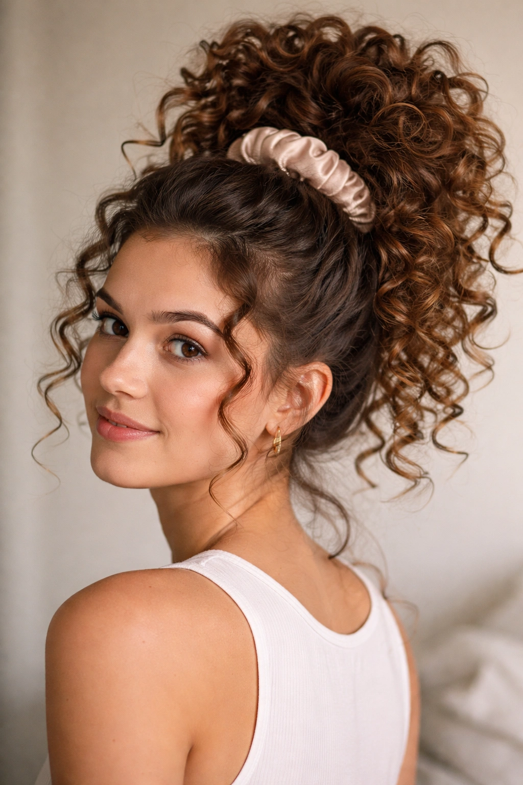 High curly pineapple style with a soft satin scrunchie