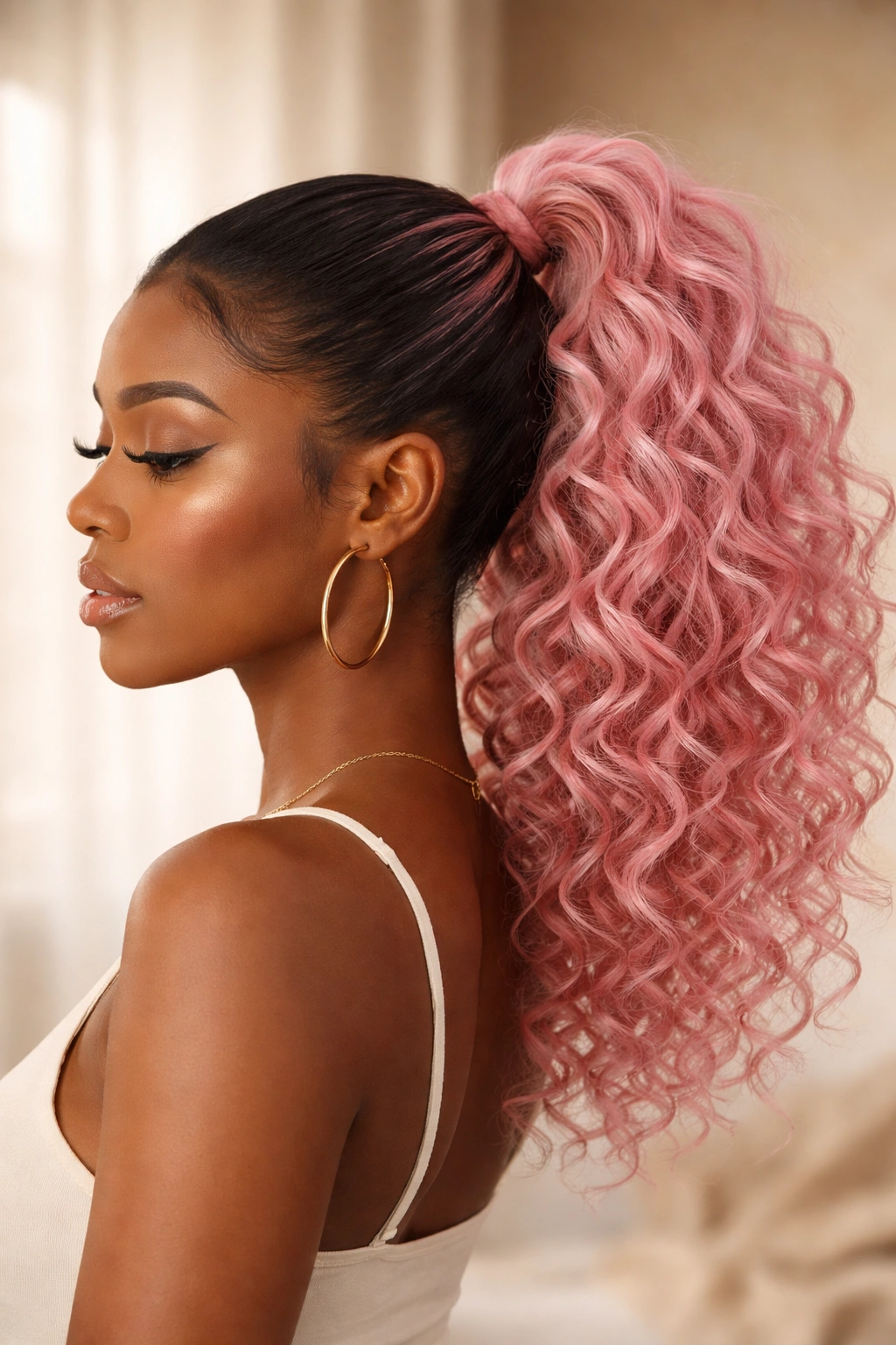 Side view of curly pink ponytail with leave-out blending into curls
