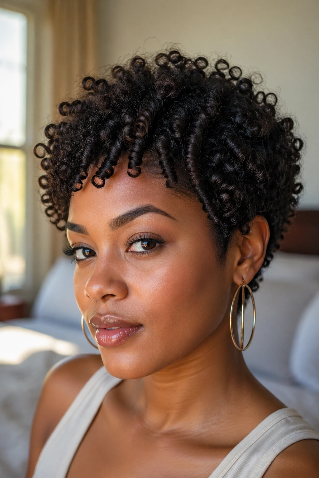 Close-up of a real woman with Curly Pixie Crochet hairstyle in warm bedroom light