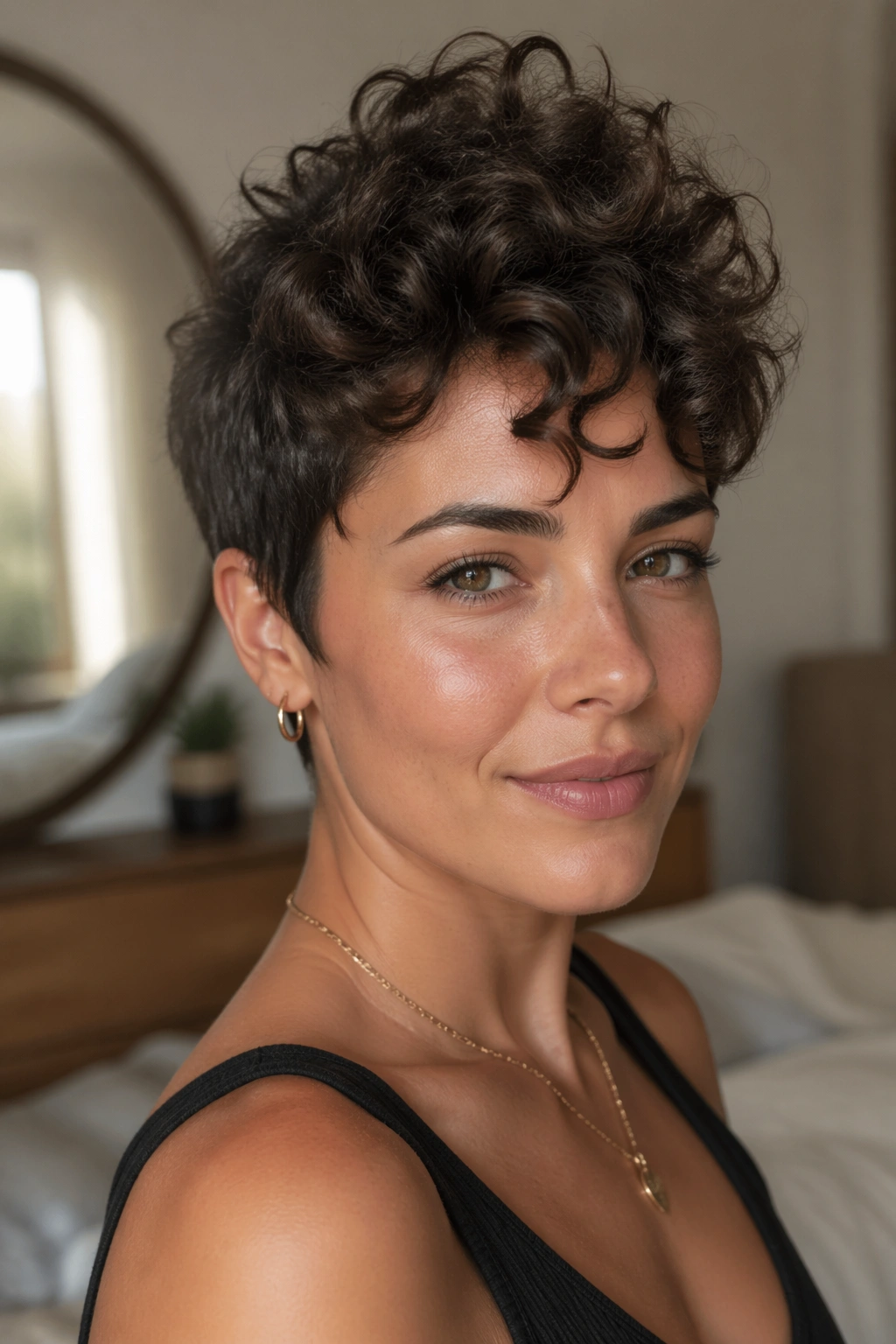 Close-up of a woman with a curly pixie and crown lift, natural window light in a bedroom.