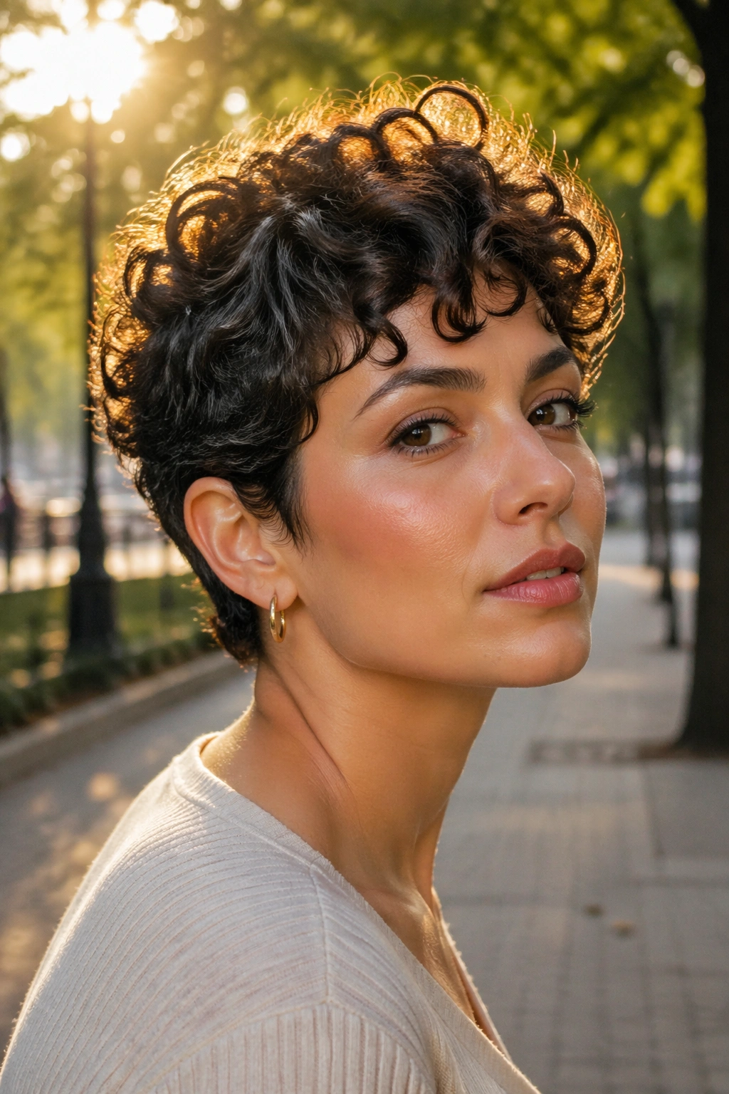 Pixie cut with crown topper in golden-hour outdoor setting.