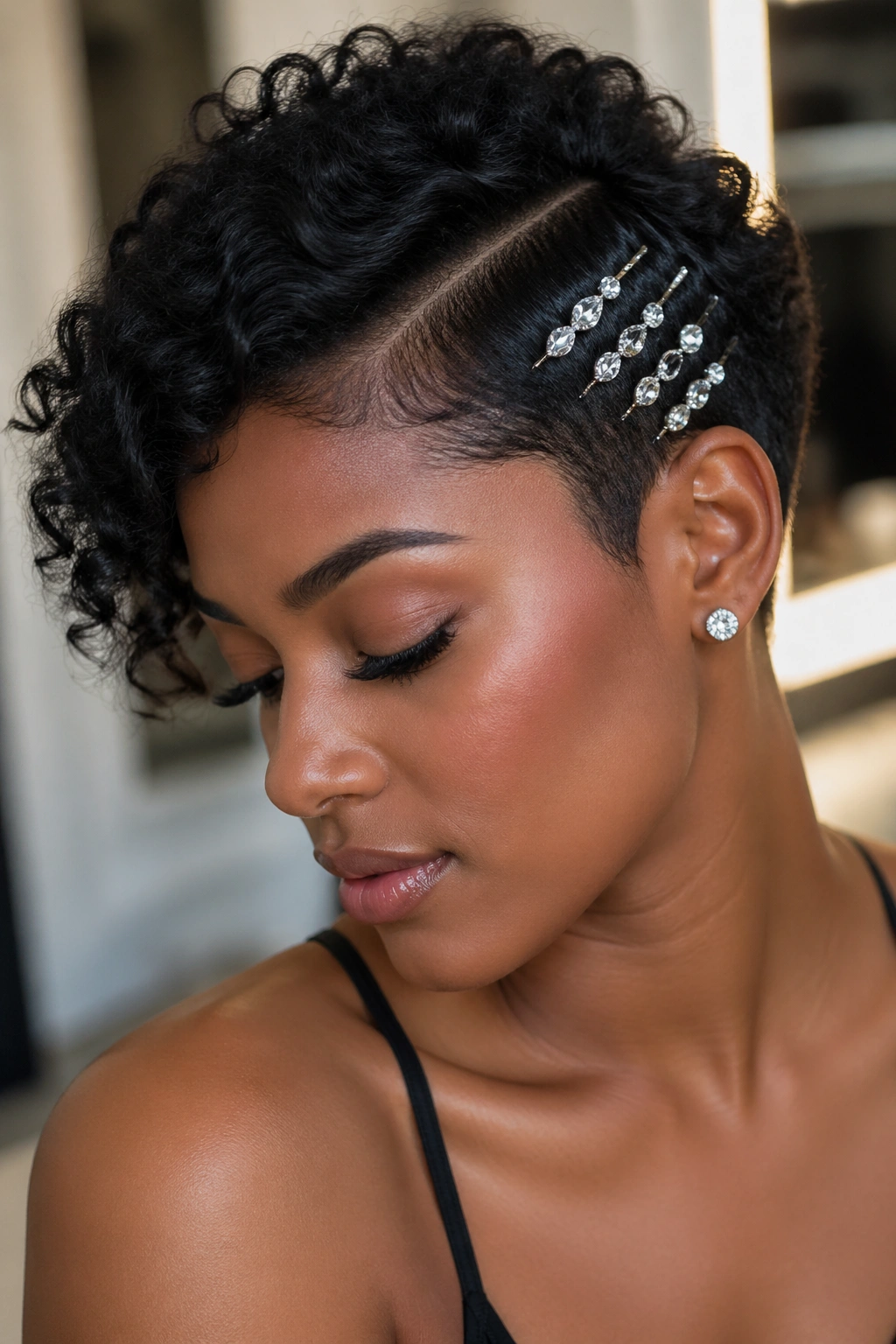 Close-up of a real woman with a curly pixie and crystal pins along the side.
