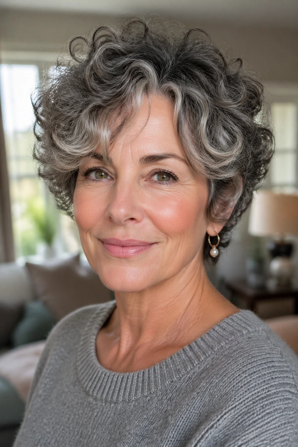Real woman with curly pixie and curtain bangs, soft middle split bangs