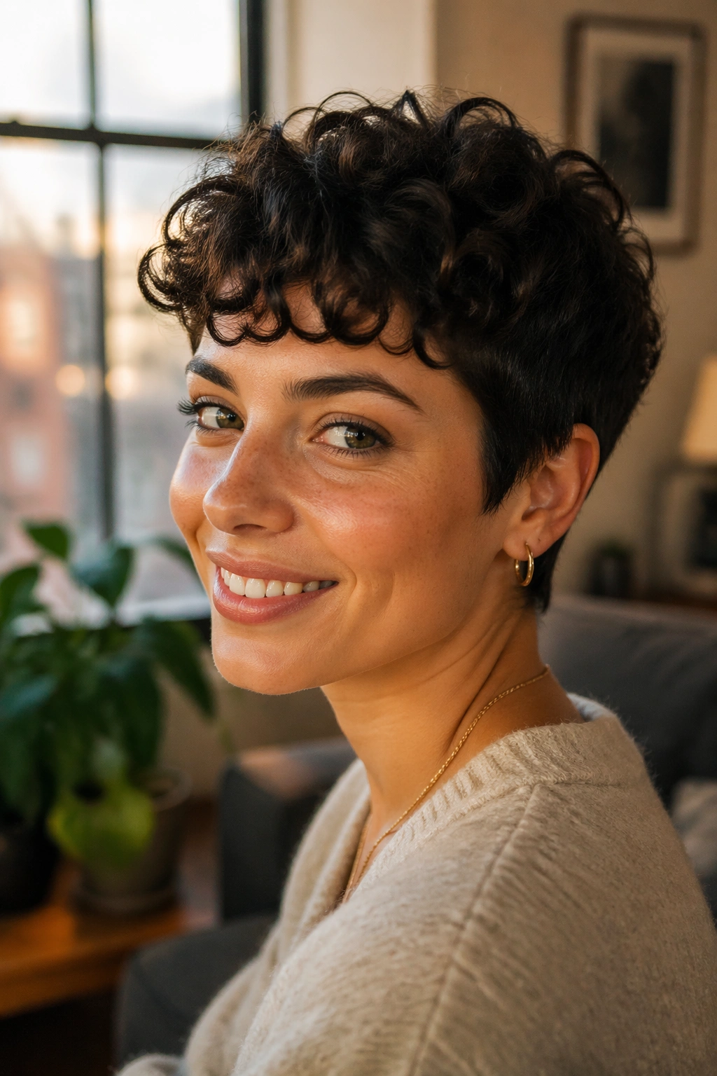 Close-up portrait of a person with a curly pixie cut, warm window light.