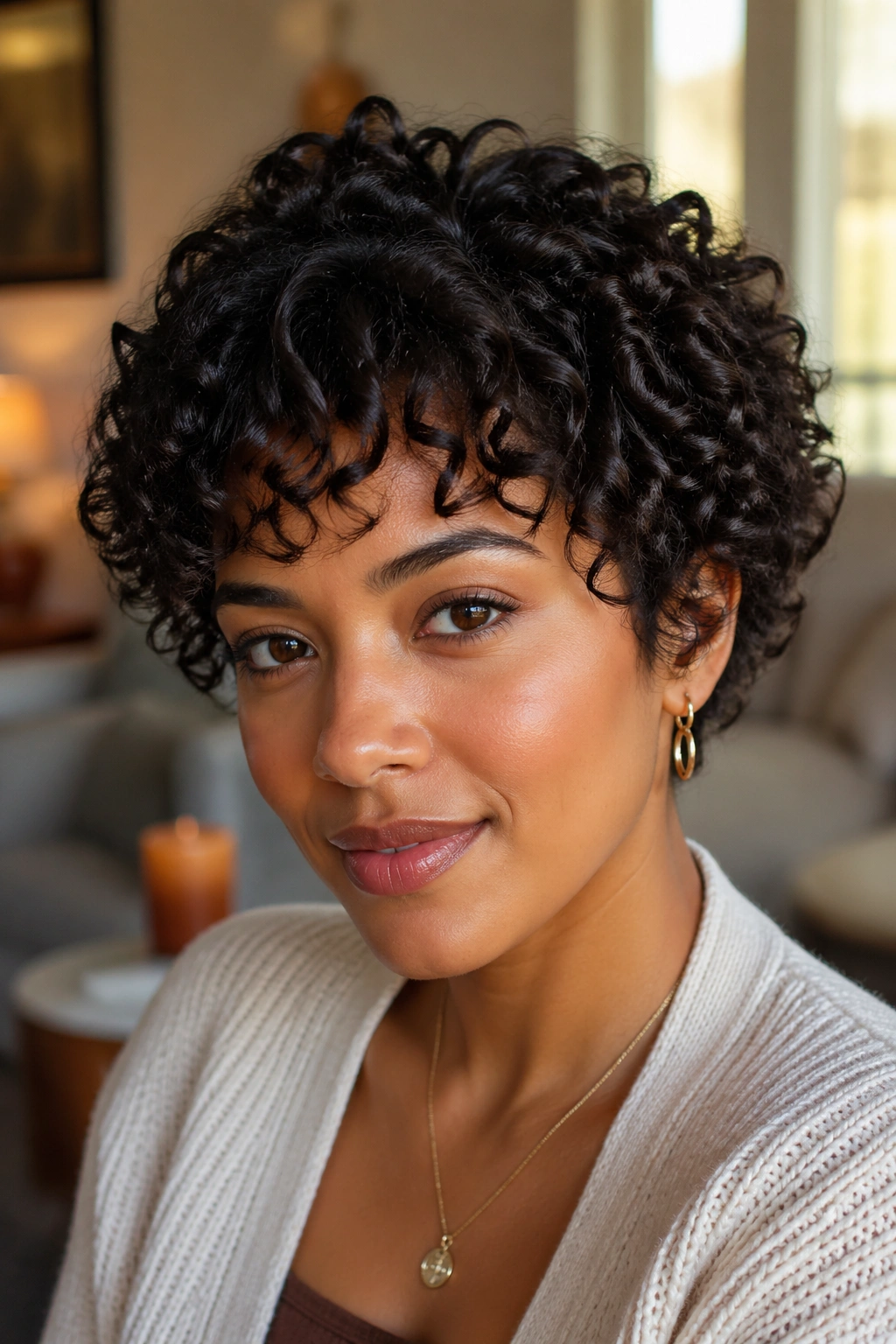 Close-up portrait of a real person with a medium curly pixie extended hairstyle.