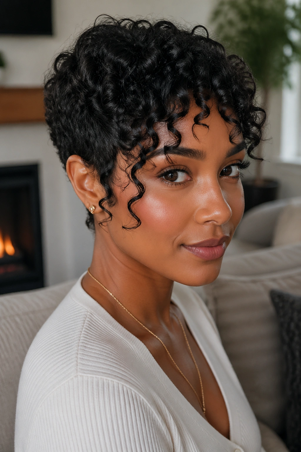 Close-up of a real woman with a curly pixie and face-framing pieces