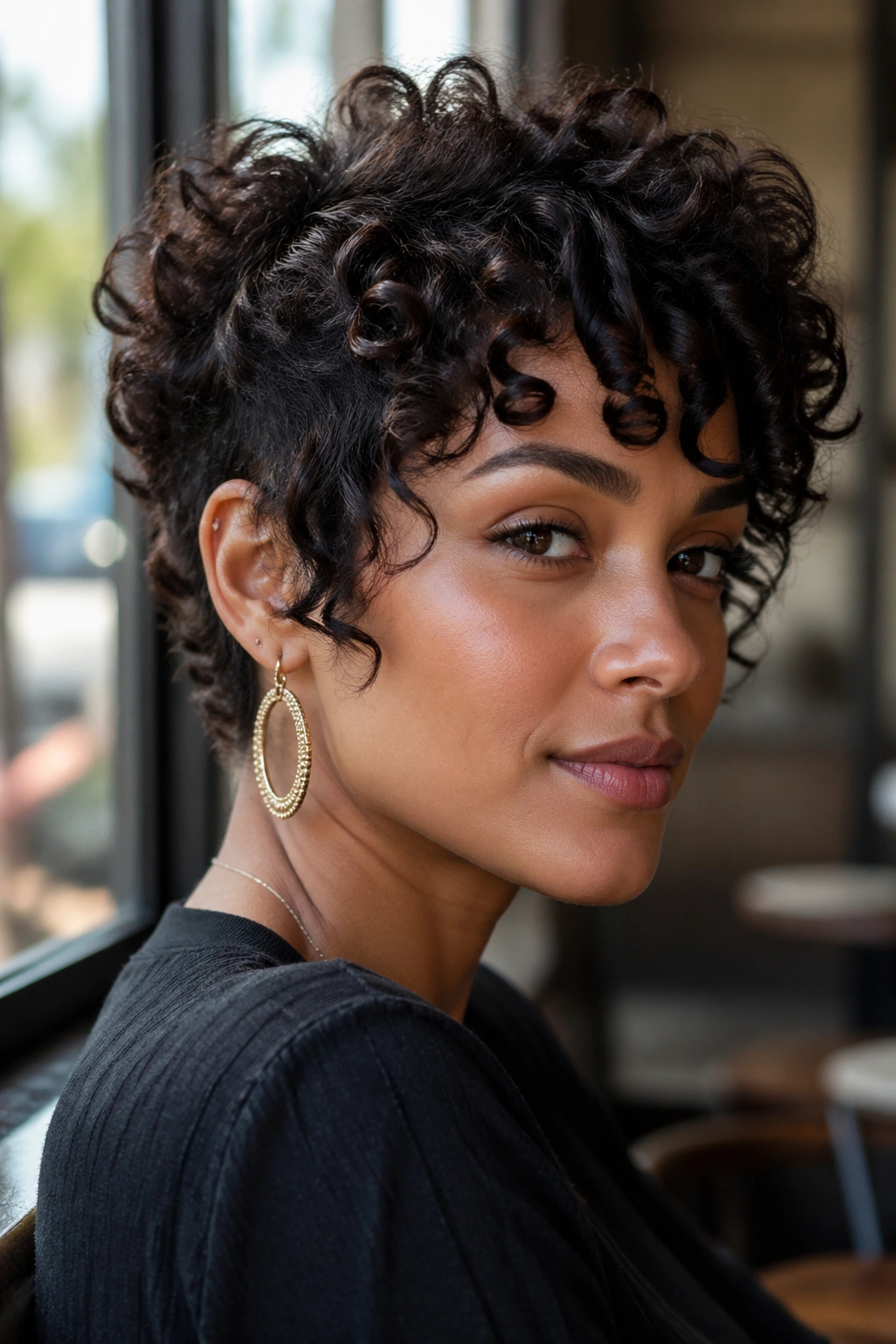 Close-up of a real woman with a curly pixie and face-framing layers