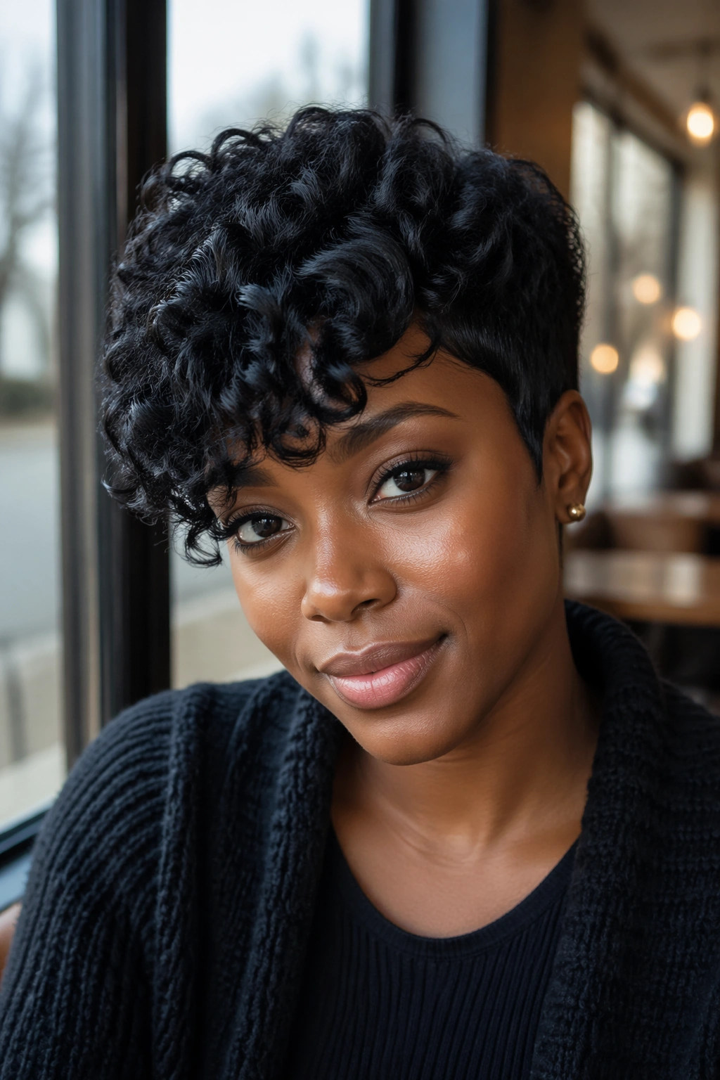 Close-up of a woman with curly pixie and side-swept fringe
