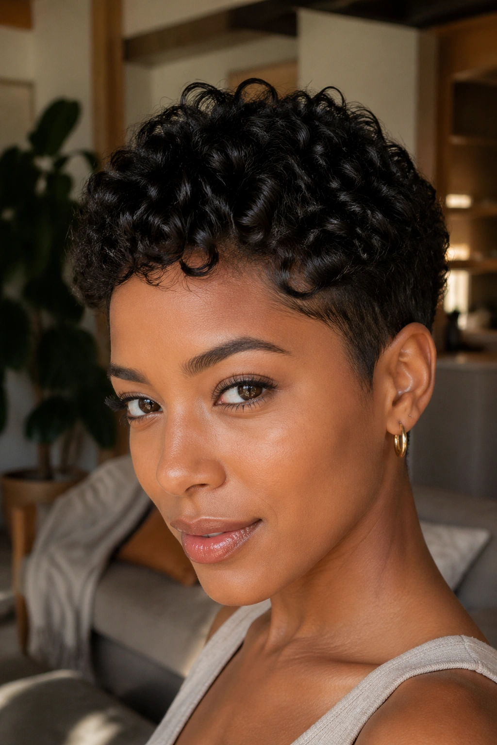 Close-up of a real person with a curly pixie cut