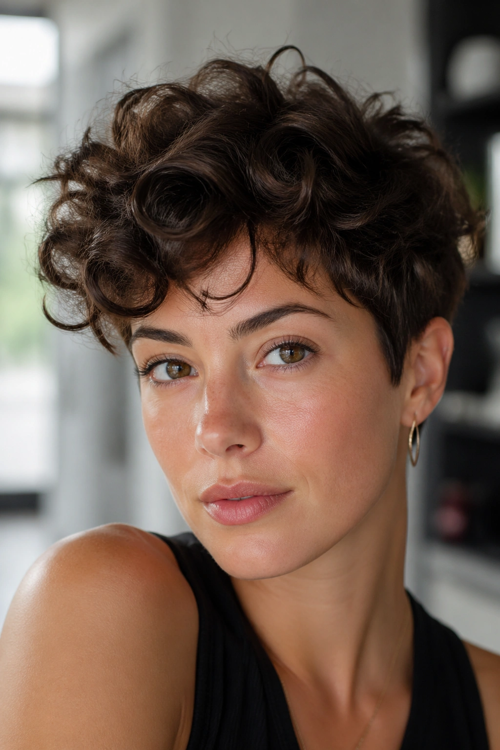 Close-up of a real woman with curly pixie and long top