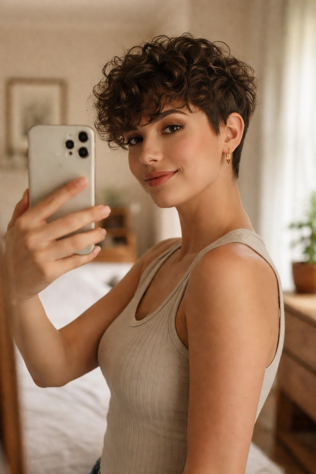 Curly pixie with longer top in mirror selfie