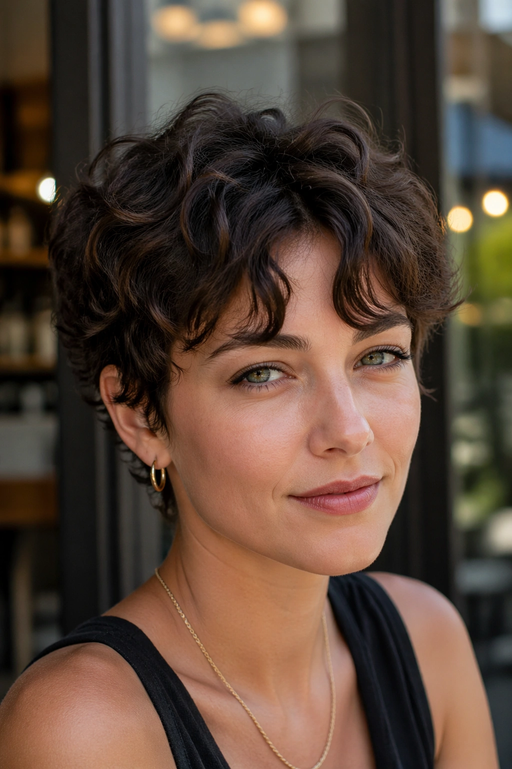 Close-up portrait of a real woman with a curly pixie and piecey bangs