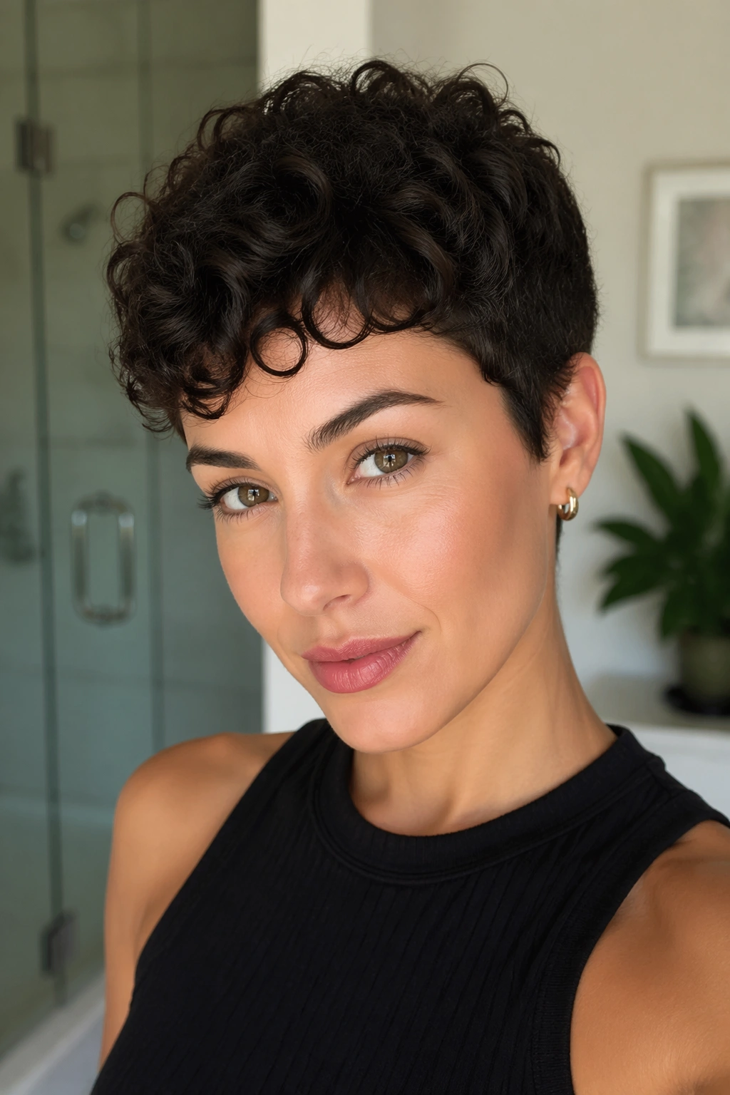 Portrait of a woman with a short curly pixie hairstyle in natural light.