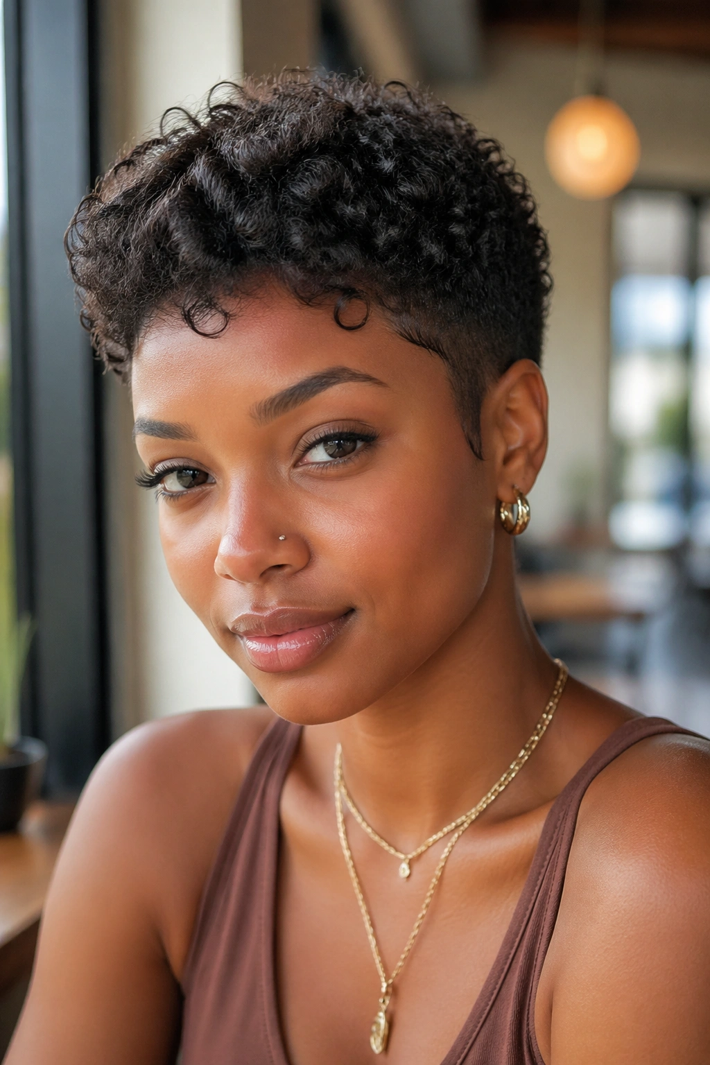 Close-up portrait of a woman with a curly pixie cut and defined crown curls