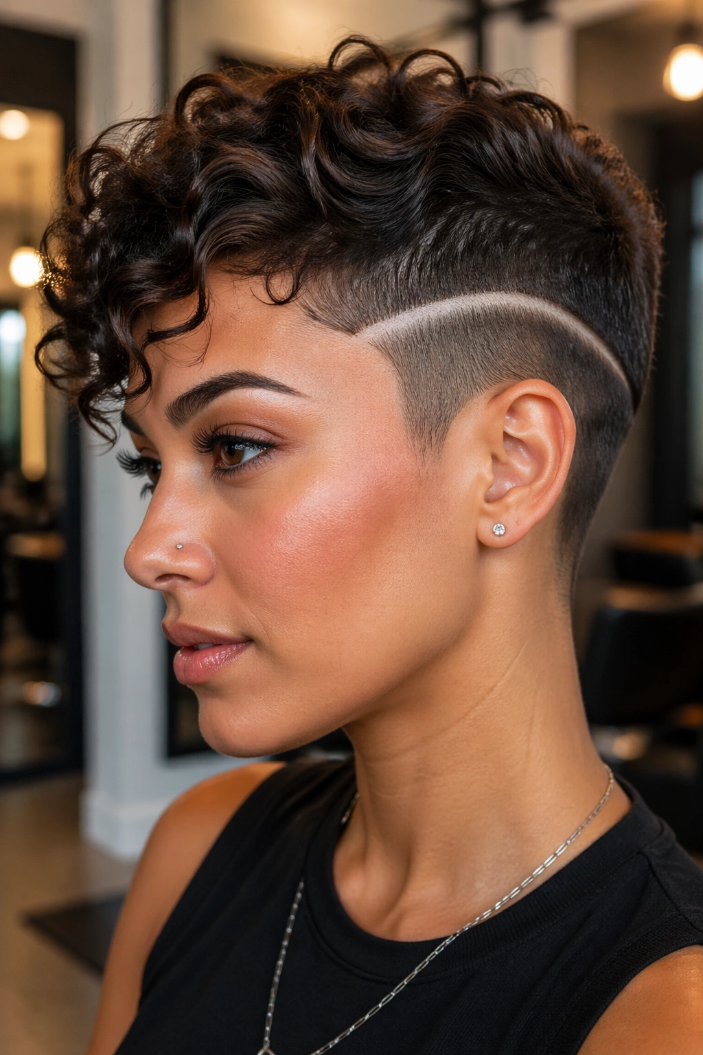 Real person with curly pixie and shaved design at temple.