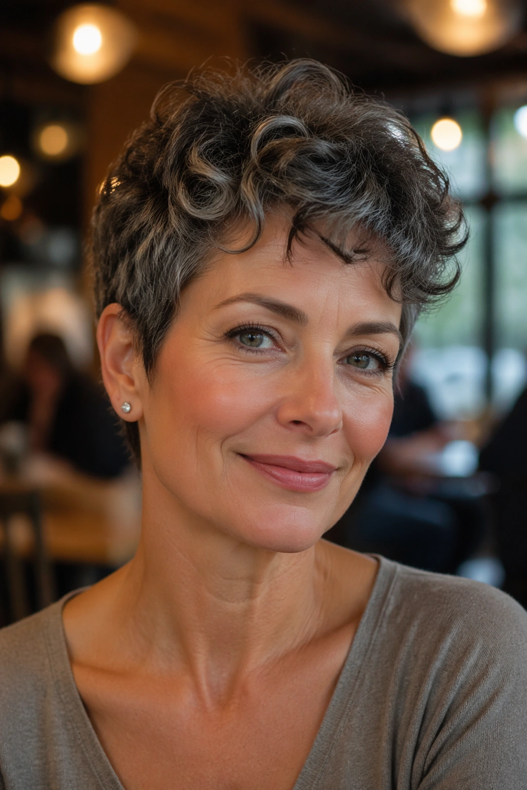 Close-up of a real woman with curly pixie cut and soft texture in a cafe