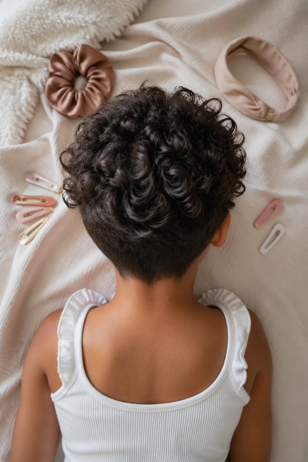 Overhead view of curly pixie with tapered nape.