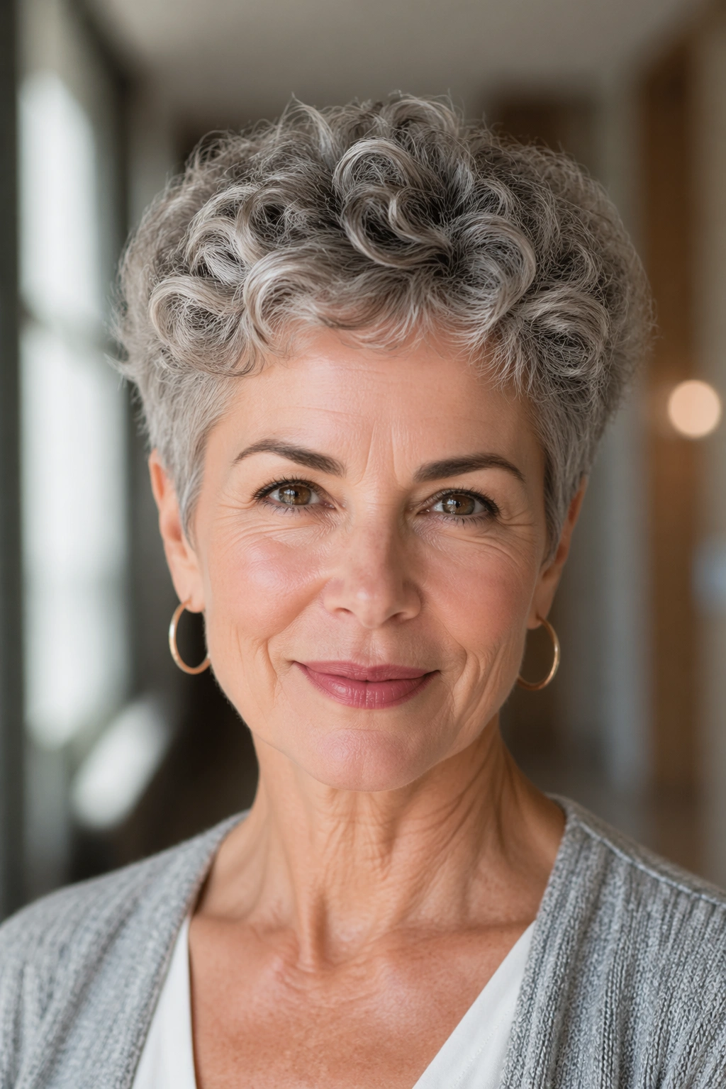 Close-up of a real woman with a tapered curly pixie hairstyle