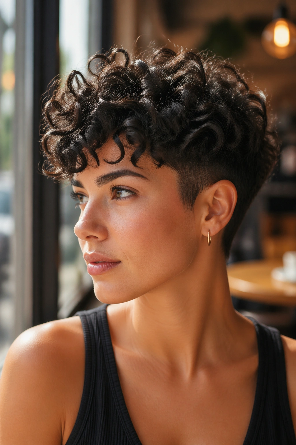 Close-up of a real woman with Curly Pixie with Tapered Sides in warm cafe light