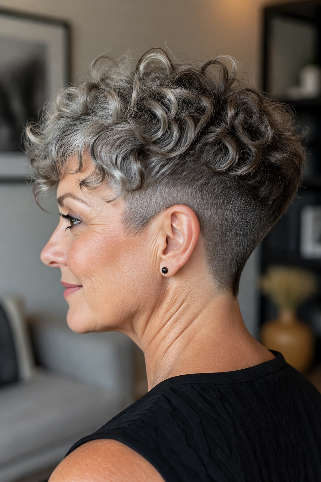 Real woman with curly pixie and soft undercut, top curls full