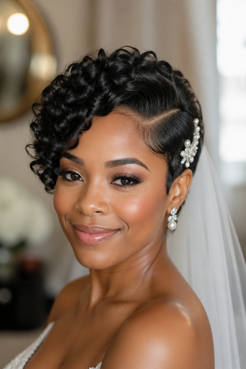 Close-up of a real bride with a curly pixie and deep side part, pearl clip.