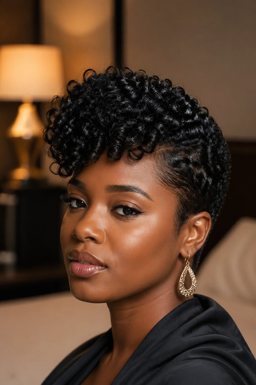 Close-up of woman with curly pomp hairstyle on very short 4C hair