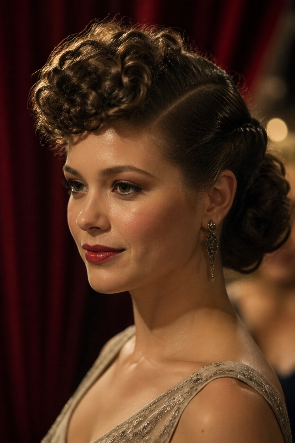 Three-quarter portrait of a woman with side-parted curly pompadour and sleek crown