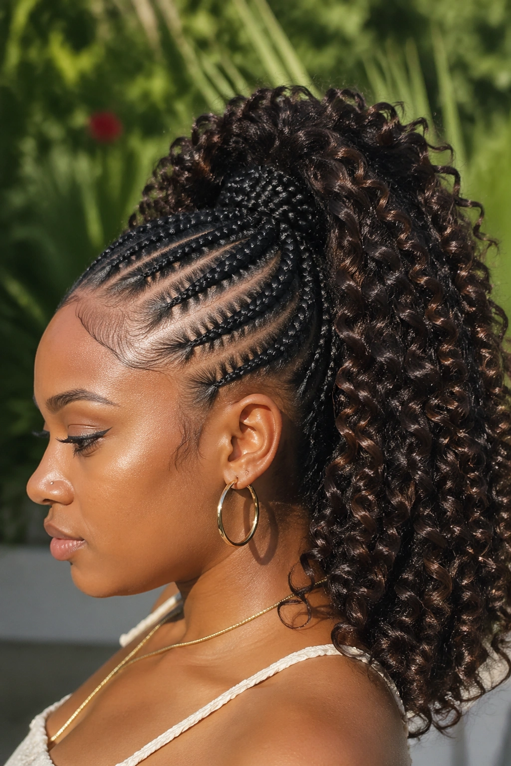 Profile view of a real woman with a high curly ponytail formed by feed-in cornrows