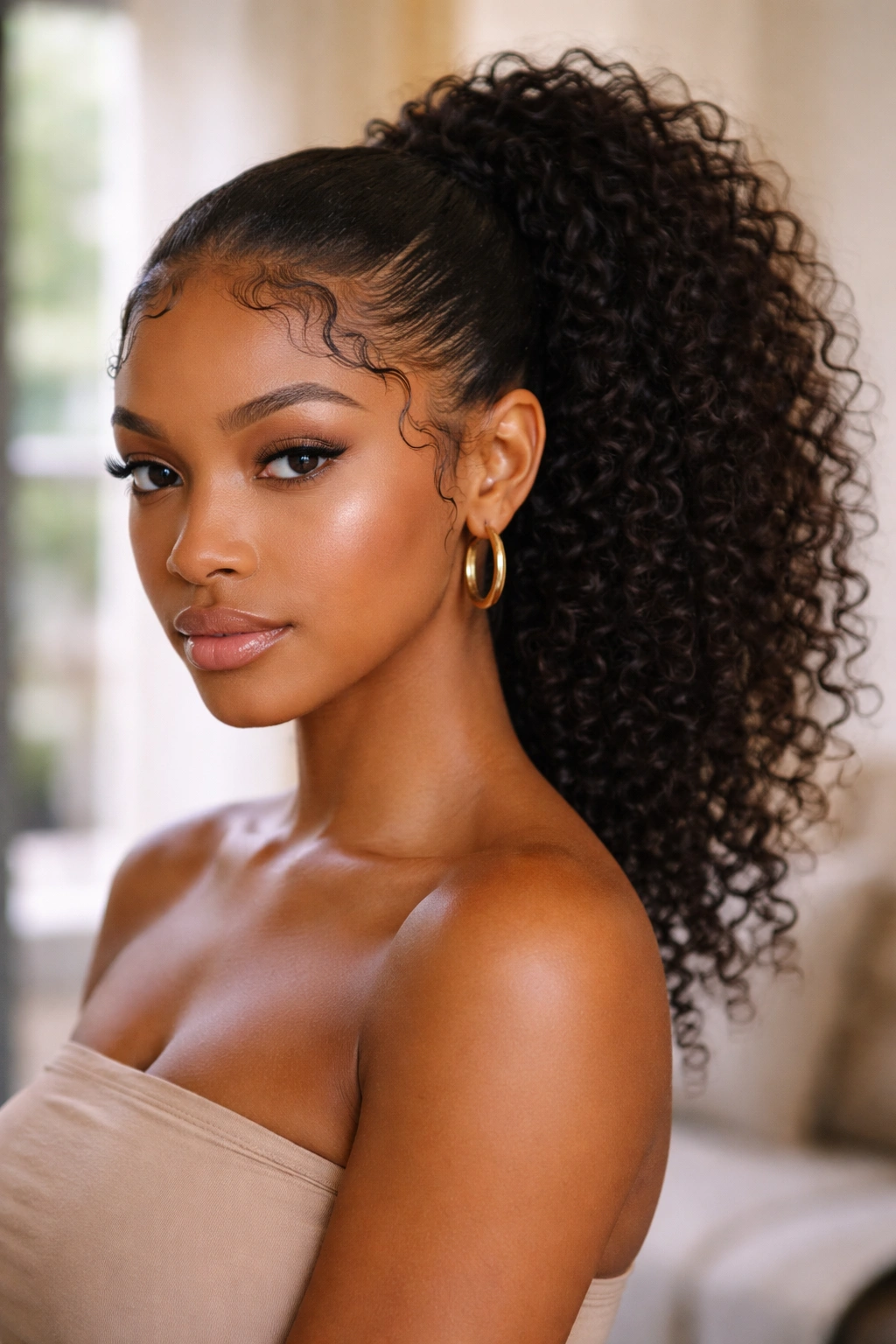 Close-up front portrait showing curly ponytail with sculpted baby hair art along the hairline