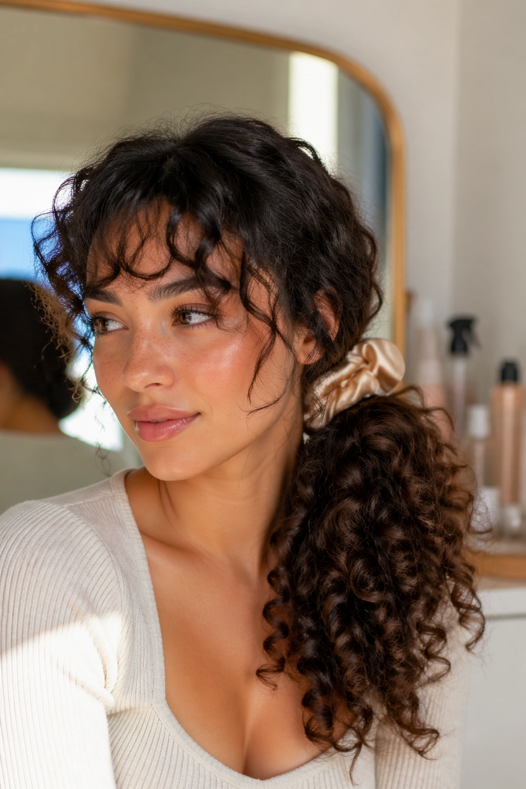 Close-up of curly side ponytail with soft bangs in sunlit vanity.