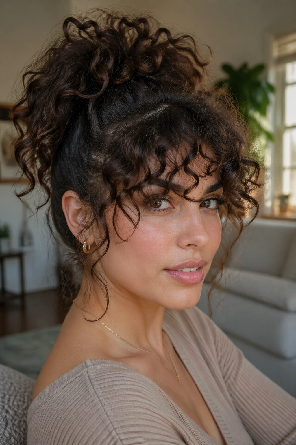 Close-up of a real woman with curly messy ponytail and soft bangs in natural light.