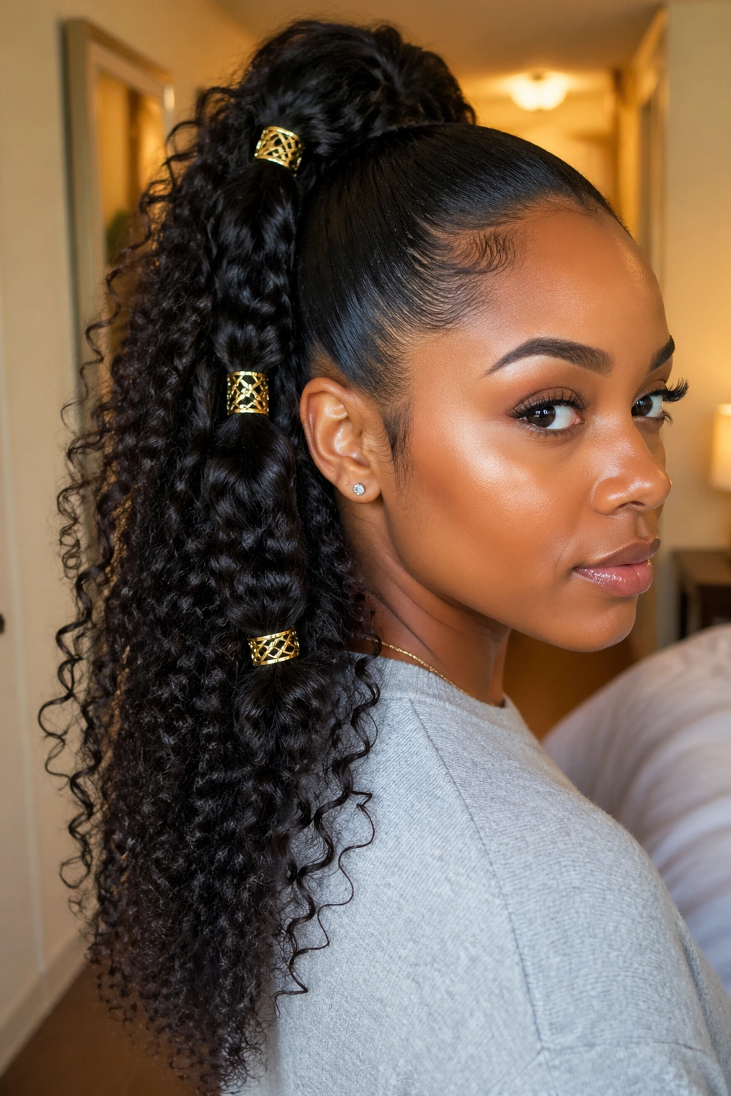 Close-up of a real woman's curly ponytail adorned with beads and cuffs