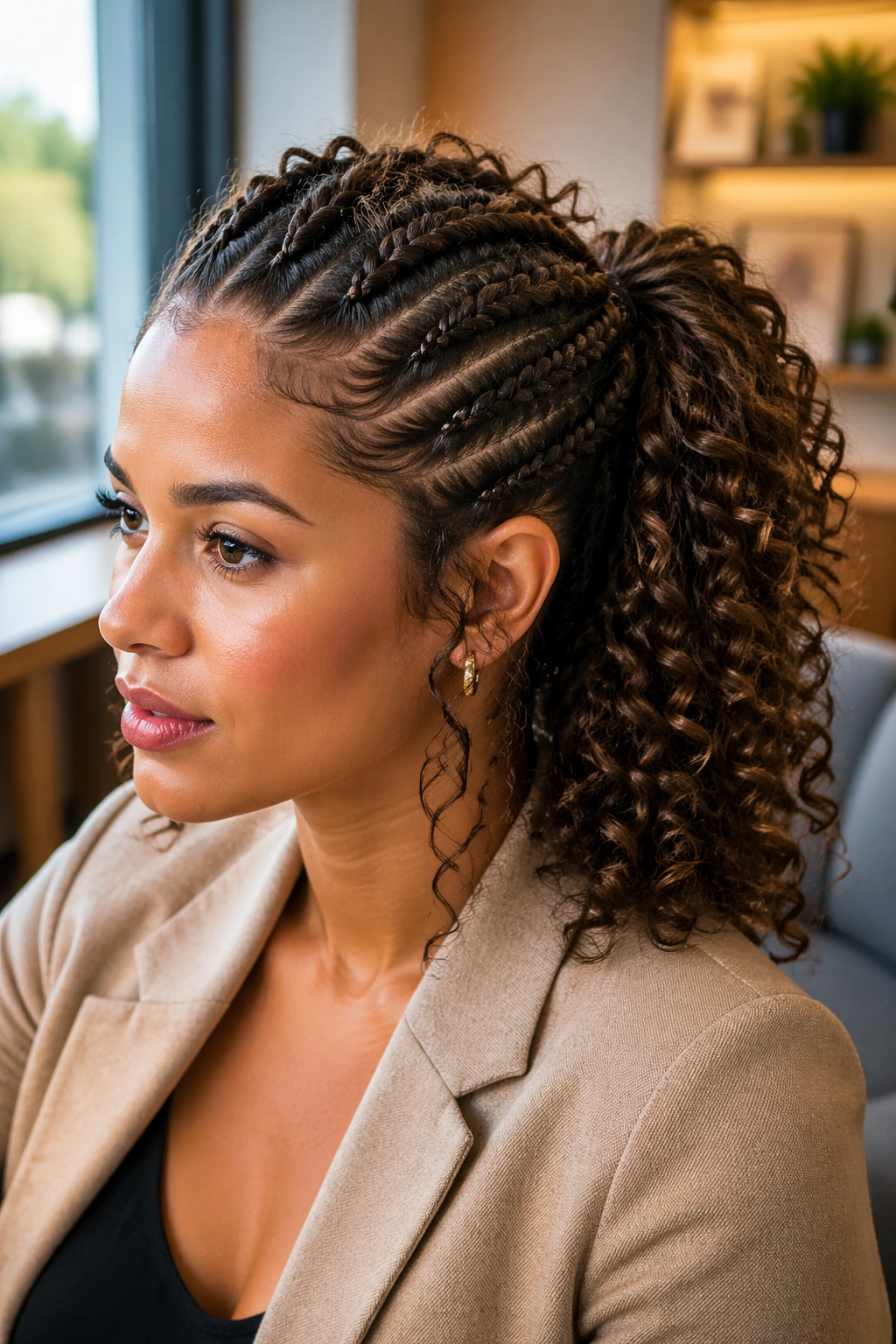 Close-up of a real woman's curly ponytail with a braided base, warm natural window light.