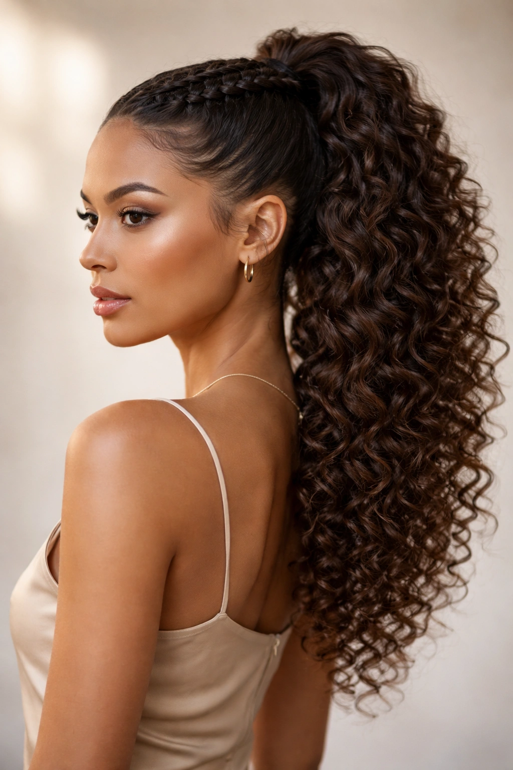 Close-up of a crown braid with a loose curly ponytail and cascading curls