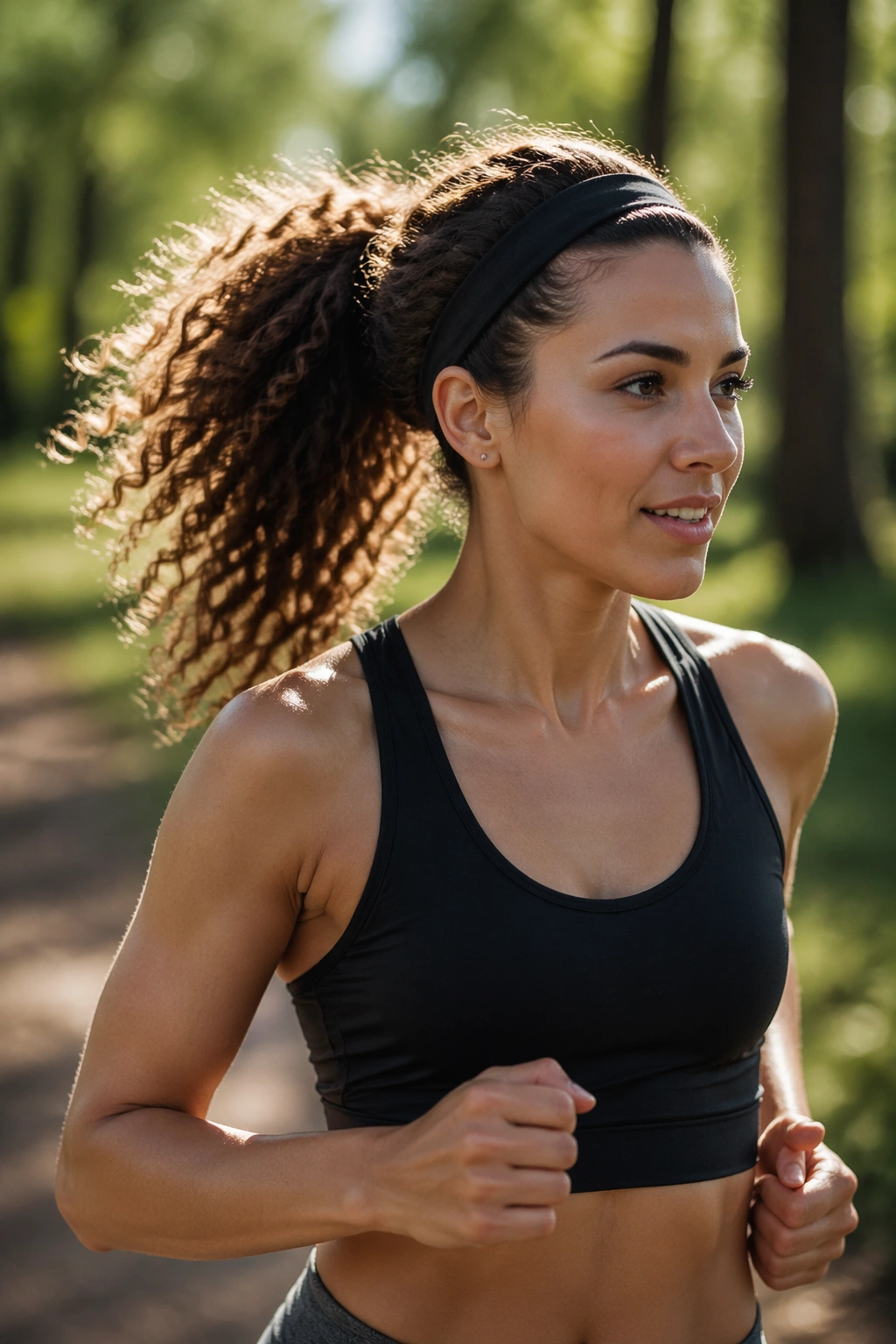 Curly ponytail in motion with braided accent and sweatband during jog