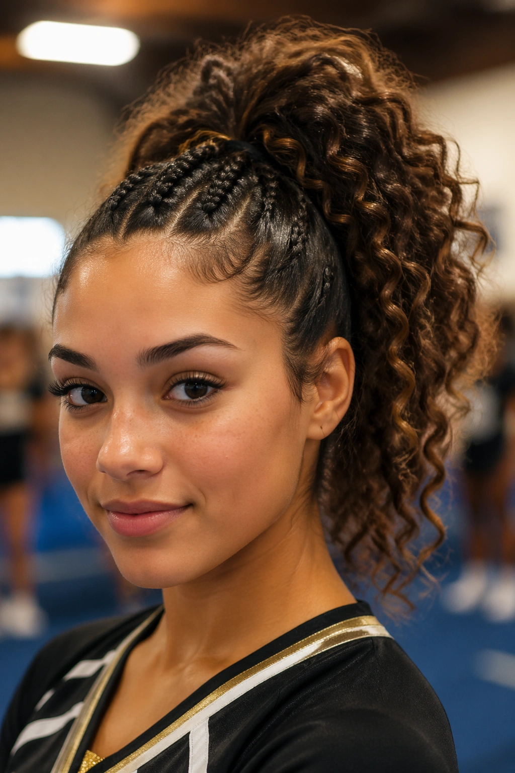 Close-up of a cheerleader with a curly high ponytail and braided base