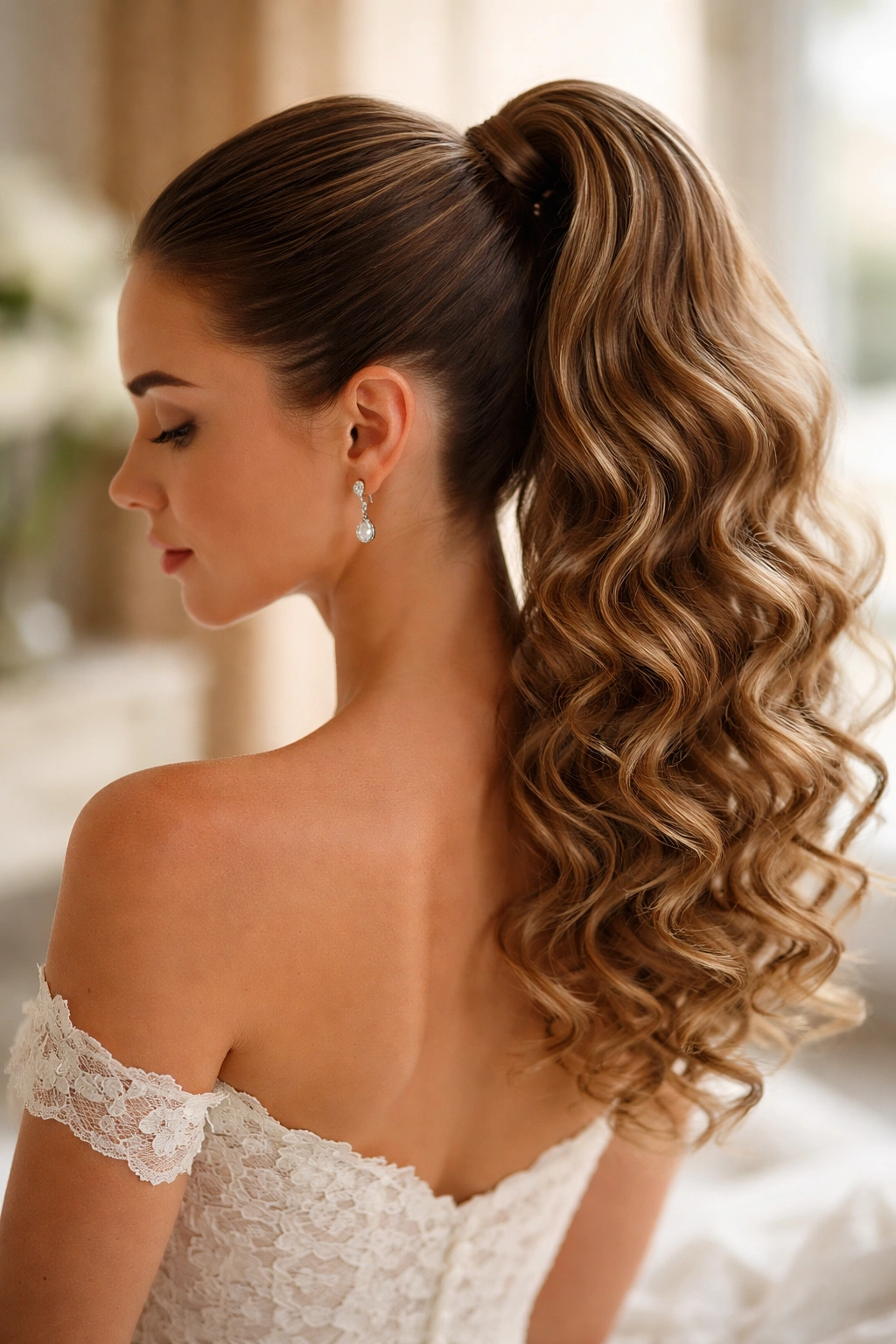 Close-up of a bride with smooth-root curly high ponytail