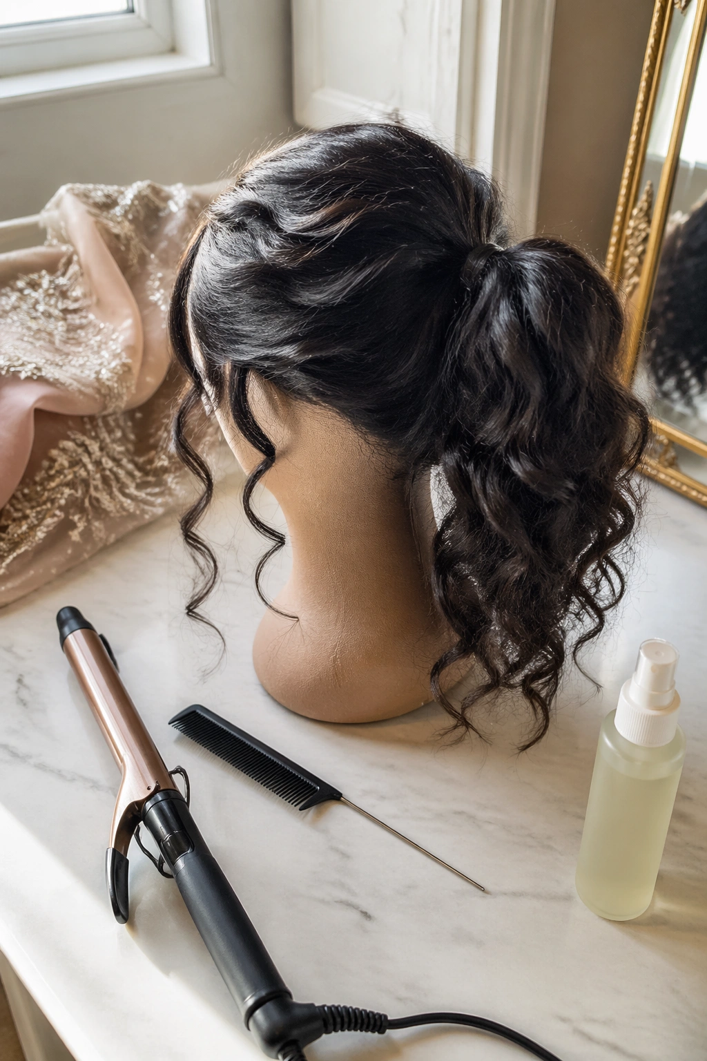 Overhead flat-lay curls and face-framing pieces for bridal ponytail