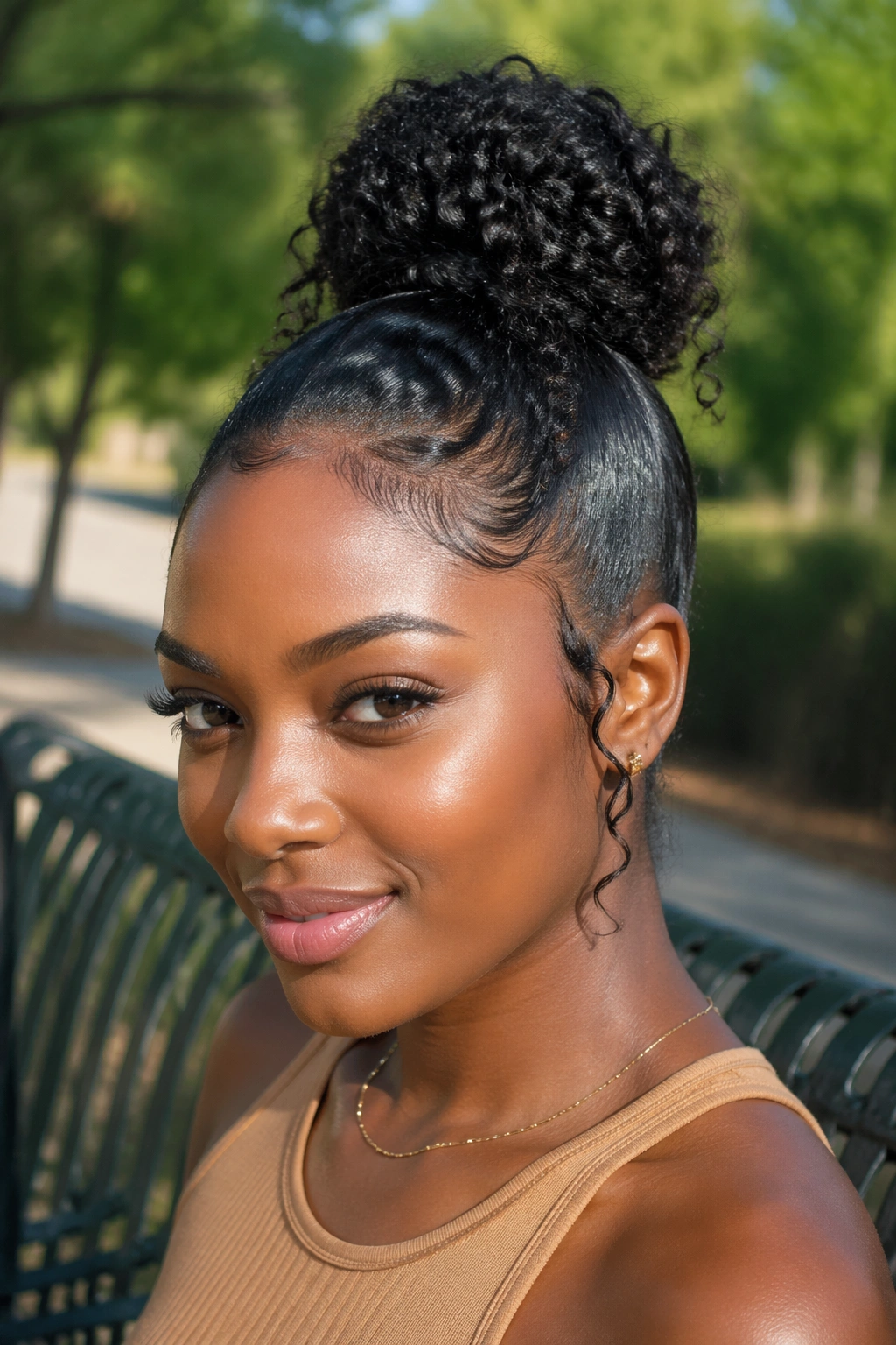 Close-up of curly ponytail coil bun on a real woman with visible curls
