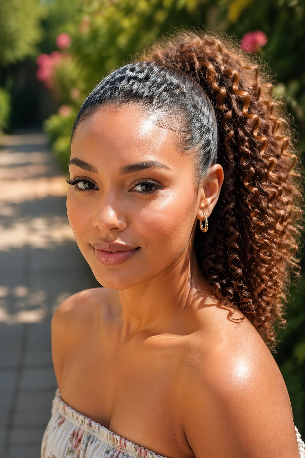 Close-up of a real woman with a curly ponytail and a clean hairline in a garden setting
