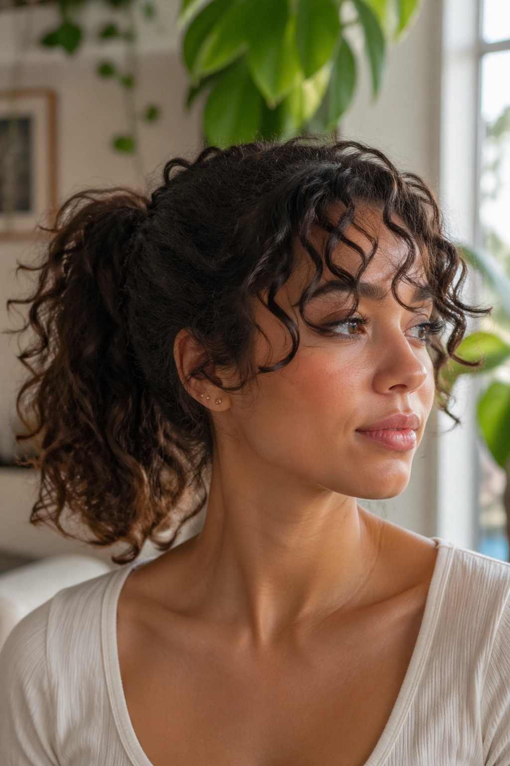 Close-up of a real woman with a curly ponytail and natural curls framing the face.