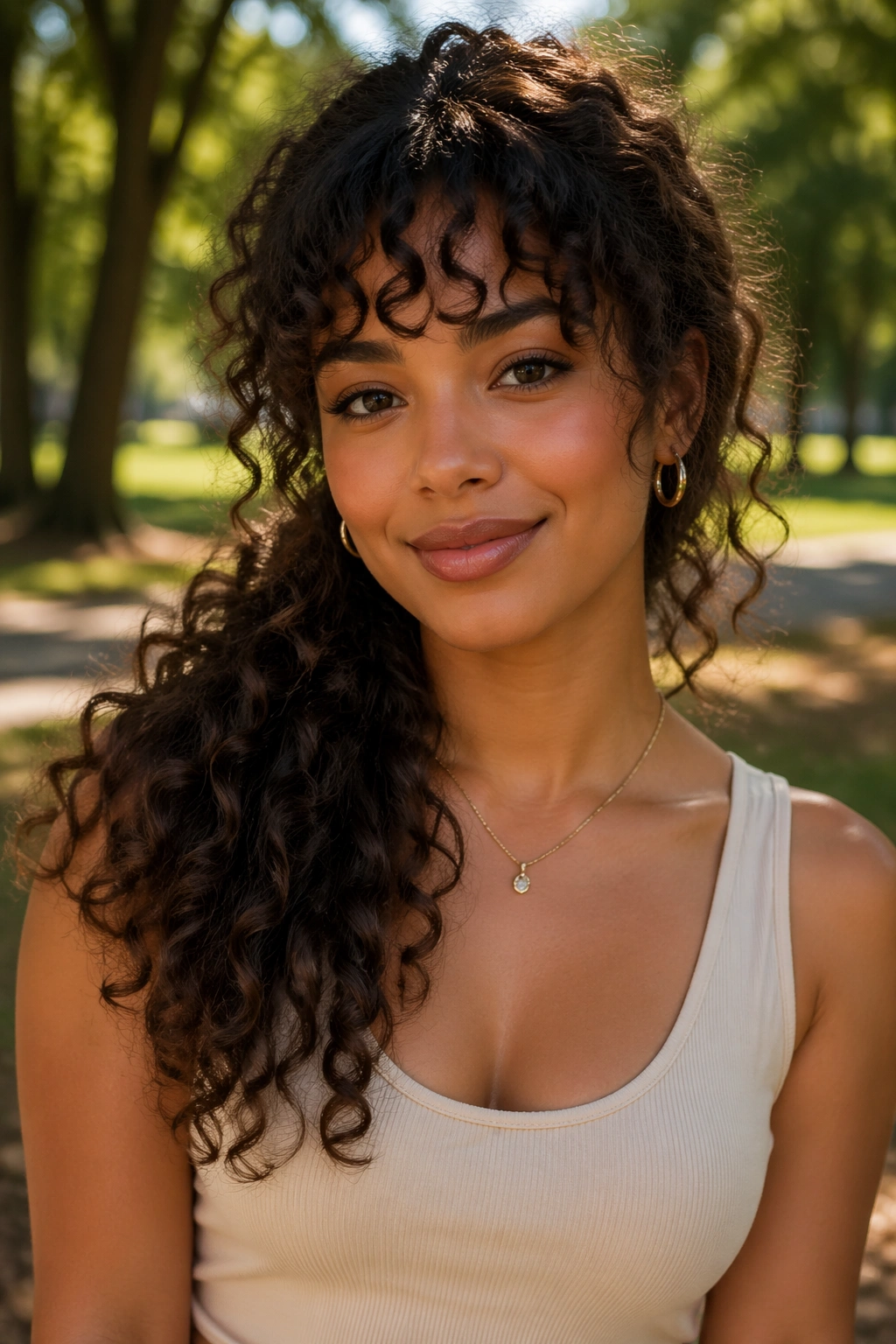 Close-up of a woman with a curly side ponytail and curly bangs in a sunlit park