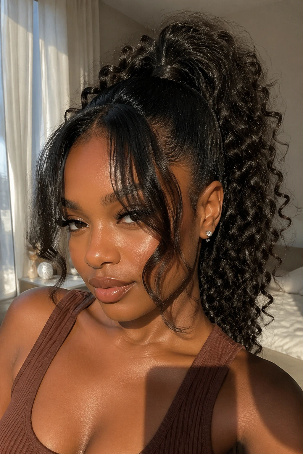 Close-up of a real woman with curly ponytail and curtain bangs in a sunlit room